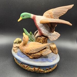 Vintage Hand-painted Mallard Duck and Hen Trinket Box on a pond